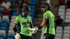 Hasan Nawaz hitting a boundary in Pakistan vs West Indies 1st ODI 2025 at Tarouba, with crowd and scoreboard in background